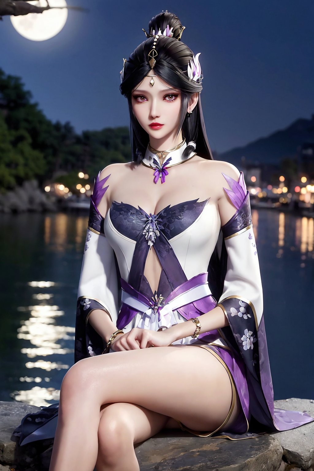 sitting, (crossed_legs), dress, chinese_clothes, long_sleeves, detached_sleeves, hanfu, looking_at_viewer, (8k, RAW photo, best_quality),(highly_detailed),(masterpiece:1.2),(ultra-detailed),(extremely_detailed_cg_8k_wallpaper),(realistic:1.2),(photorealistic:1.3),(scenery, waterfall, (cherry_blossoms), (milfeulle_sakuraba), (petals, falling_petals), full_moon, moon, night, moonlight, night_sky, sky, petals, water, stone),1girl, solo, black_hair, purple_eyes, hair_ornament, long_hair, parted_lips, hair_ornament, eyeshadow, eyelashes, jewelry,earrings, makeup,medium_breasts, white_legwear,fingernails,medium_shot,(texture_skin:1.3),(shiny_skin:1.4),<lora:syqiangk_加强_紫薇W皇_少女版_C9_5.2:0.8>,