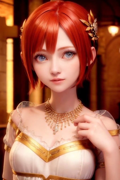 1girl, princess_elise, short hair, parted hair, red hair, blue eyes, hair ornament, necklace, white dress, look at viewer <lora:princess_elise:0.6>