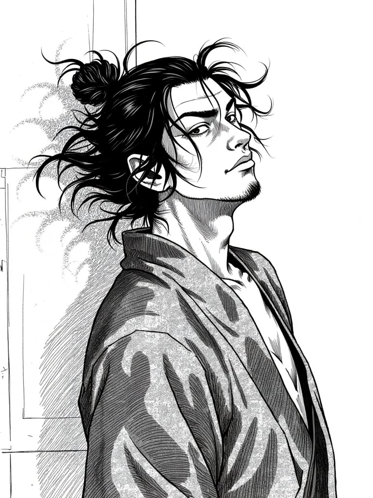 Ueno,a blank and white drawing of A samurai leans against a wall. His eyes are bloodshot and unfocused, his hair disheveled. Use ink washes and loose linework to convey a sense of inebriation, disillusionment, and the escape he seeks from his harsh reality