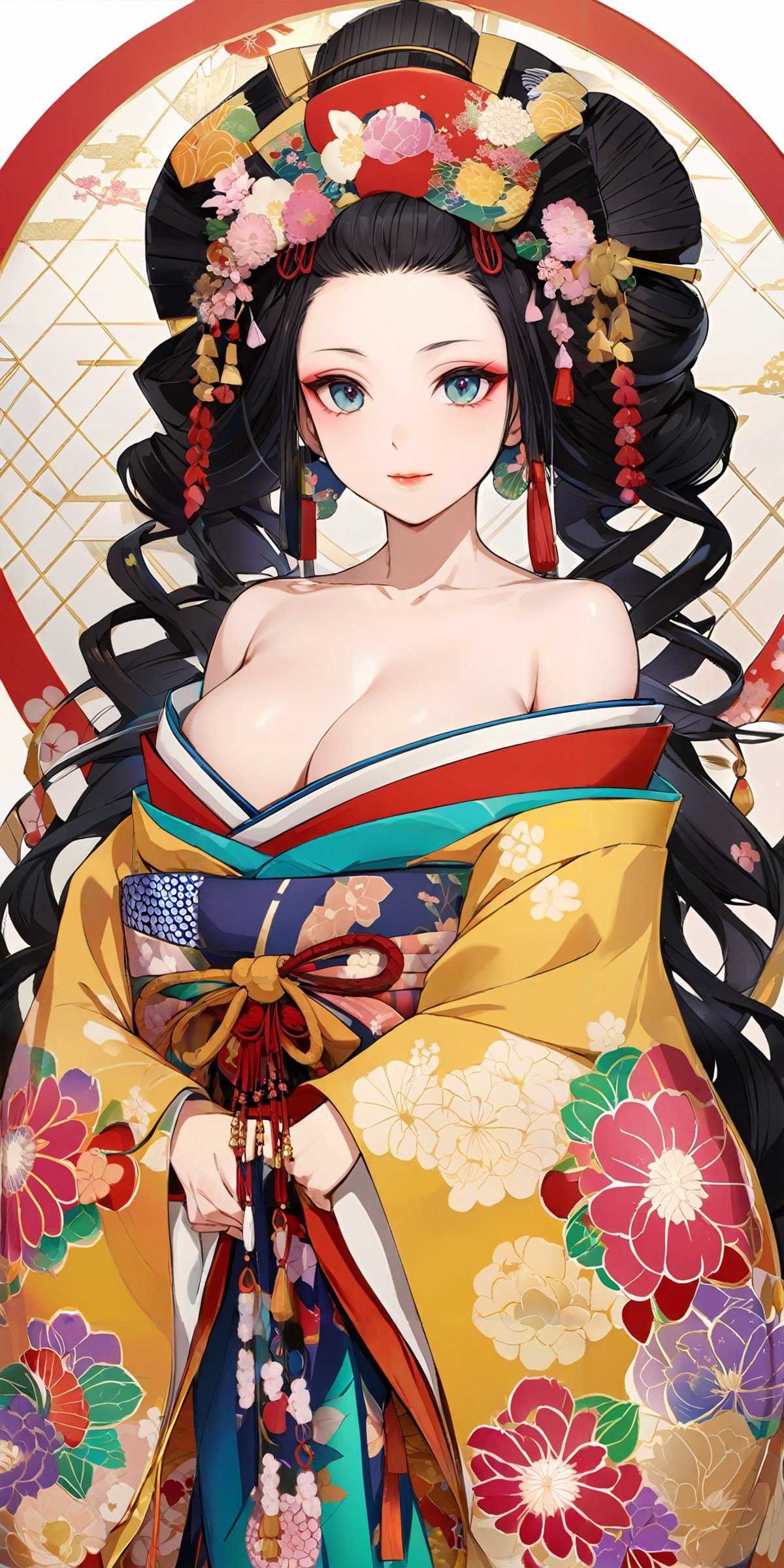 masterpiece,ultra-detailed,best quality,8K,illustration,cute face,clean skin ,shiny hair,girl,ultra-detailed-eyes,simple background, <lora:add-detail-xl:1> <lora:oiran_XL_V1.0:0.6> oiran, hair ornament, japanese clothes, floral print, long sleeves,off shoulder