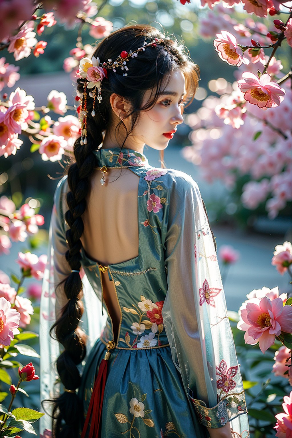 masterpiece, best quality, realistic, 1girl, gufeng style, solo, long hair, black hair, hair ornament, jewelry, standing, braid, flower, outdoors, day, from behind, blurry, tree, depth of field, sunlight, plant, branch<lora:GufengBD-000016:0.7>