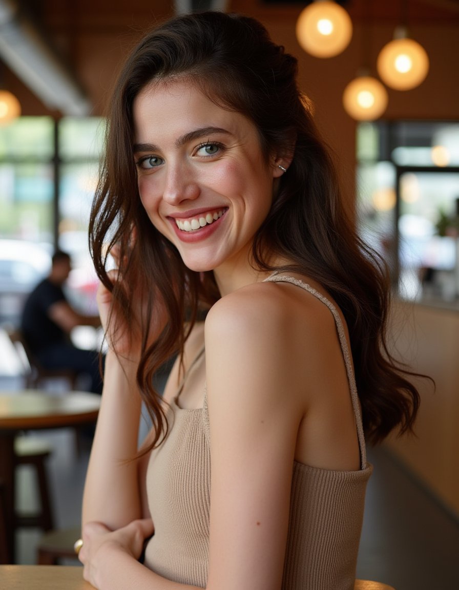 This is a high-resolution photograph of a woman,  brown hair cascading over her shoulders. Wearing a boatneck dress,  Stan...