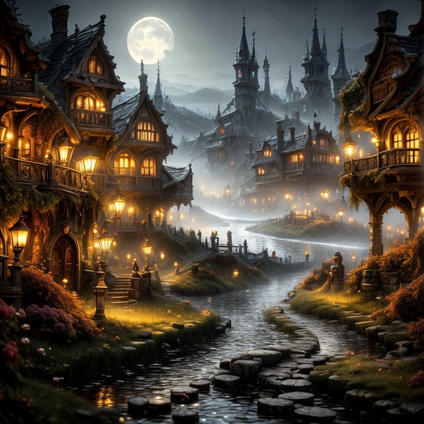 (masterpiece:1.2), (best quality,:1.2), 8k, HDR, ultra detailed, ((photorealistic)), professional light, cinematic lighting, fashion photography, ambient lighting,<lora:detail_slider_v4:2.5>, background, a medieval town at a lake, moonlight, fog, FanSe, DarkFantasy, <lora:FantasySettlement-10:1>, epiCPhoto