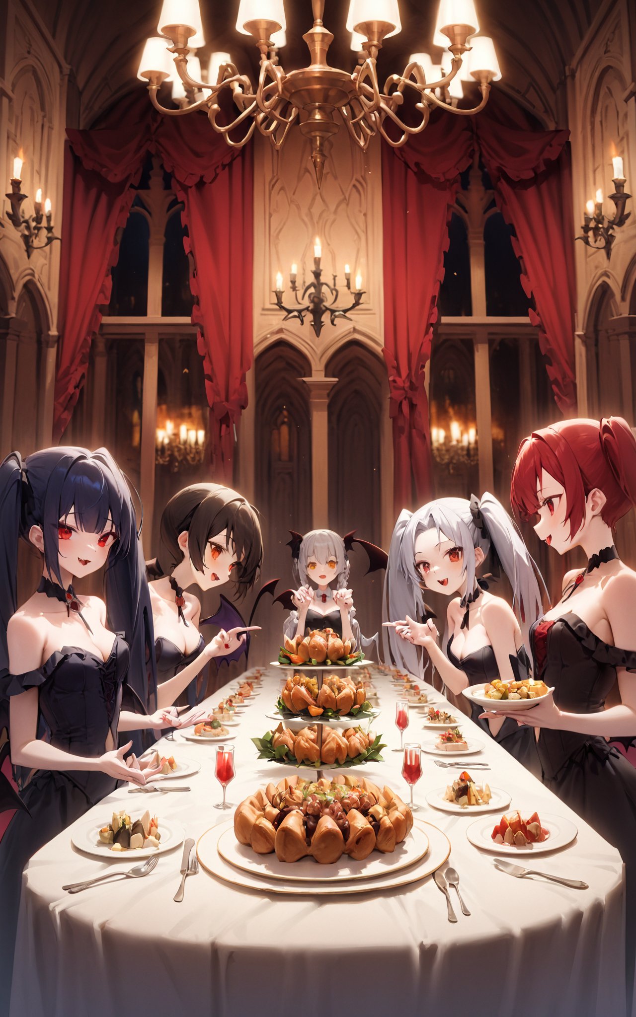 4girls, twintails, vampire, wings, banquet, indoors