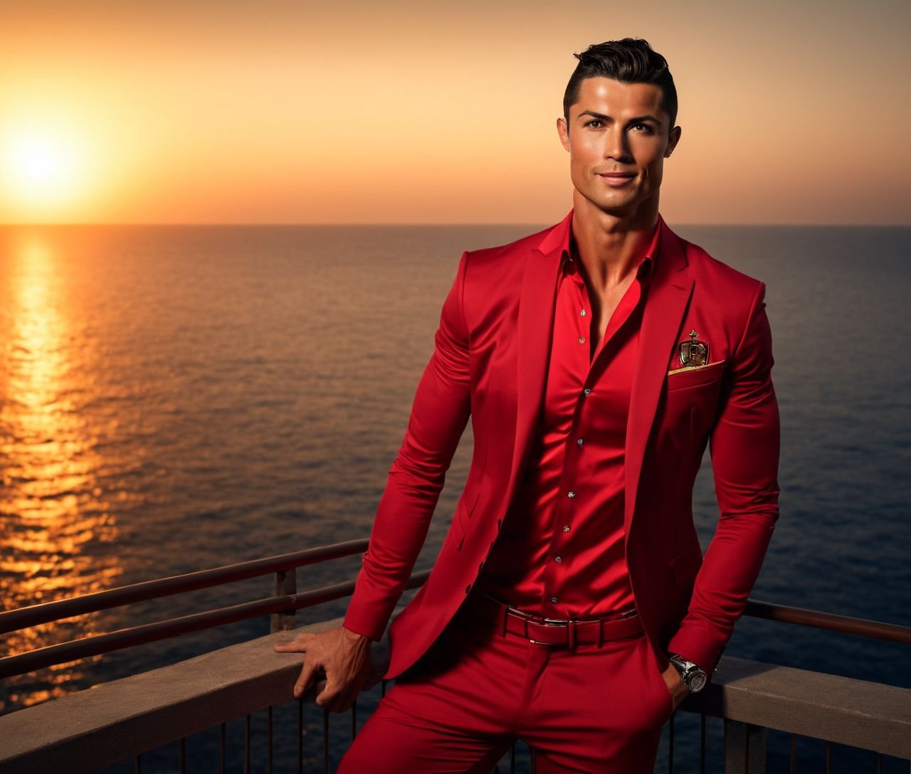 Nautical-themed of Cristiano Ronaldo a man ,  in a red suit standing on a balcony,  handsome man by HottiesnHotties on Ten...