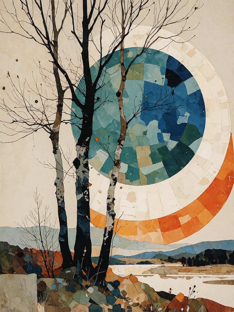 Bradhamel art style. A vertical composition featuring abstracted,  bare trees with dark,  slender trunks and sparse branch...