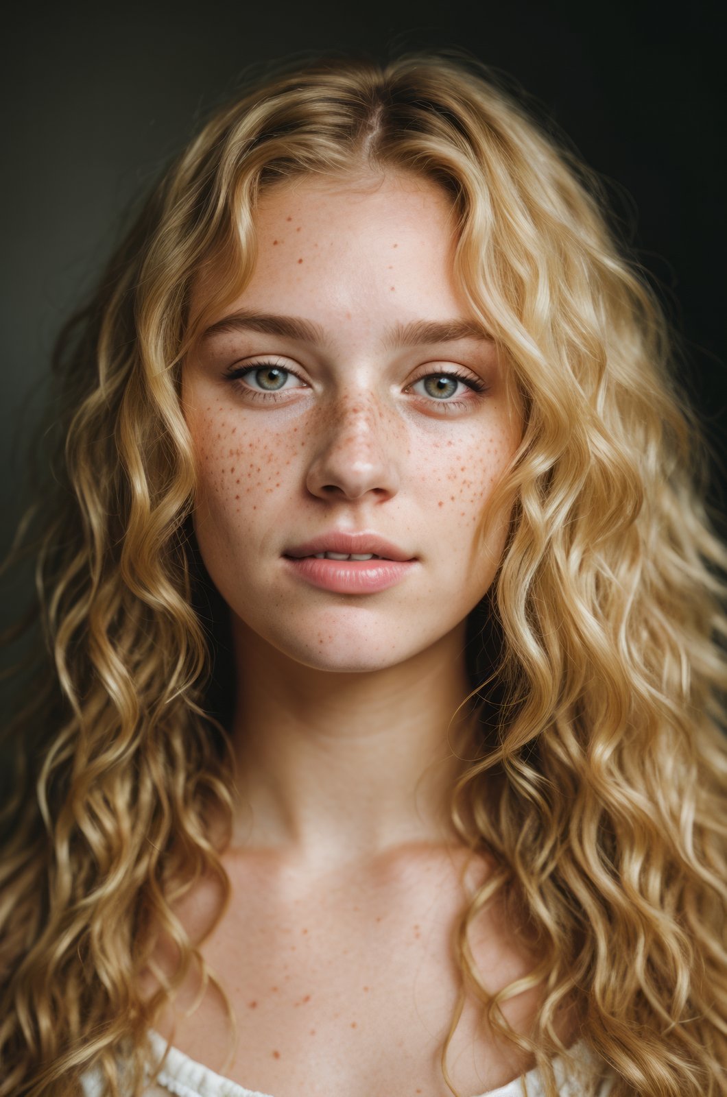 a portrait photo of a beautiful woman with curls and lots of freckles, (dirty blonde hair), (face portrait:1.5), dramatic light , Rembrandt lighting scheme, (hyperrealism:1.2), (photorealistic:1.2), shot with Canon EOS 5D Mark IV, detailed face, detailed hair