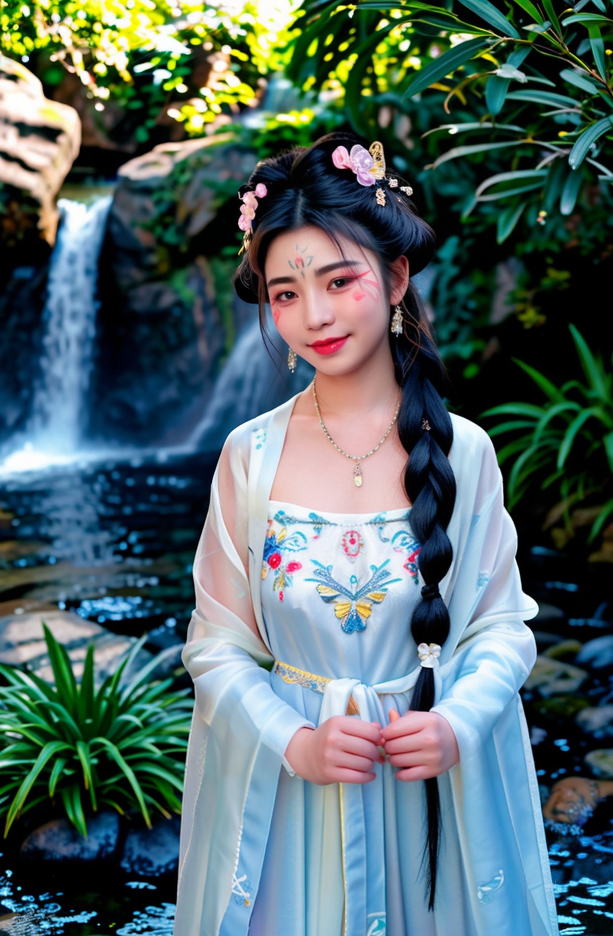 (from front),photo of (a 18 year-old Chinese woman:1.2) wearing Detailed embroidered (see-through) (Hanfu:1.2) from r/nakedhanfu,(best aesthetic:1.2) and (best quality:1.2) and (photorealistic:1.4) and (Realistic:1.4) and Detailed Skin Textures and detailed skin pores and high skin detail,standing,(arms behind back),long sleeves,<lora:naked hanfuV1:0.7>, <lora:LCM_LoRA_Weights_SD15加速器:0.7>,hair bun and single braid,(Detailed facial features),Look at the audience and Seducing the audience and smiling,makeup,red lips,(looking at viewer and facing viewer) (wearing Detailed hair ornament and Detailed beads,Detailed hair flower,wearing Detailed jewelry,earrings,necklace,(facial mark:1.2),(forehead mark:1.2),(butterfly hair ornament),hair ribbon,flowers,<lyco:film grainV3:0.4> (There is a magnificent waterfall background behind her),water,water reflects sunlight, <lora:detail_slider_v4:1>,<lora:增加真實感epiCRealLife:1>