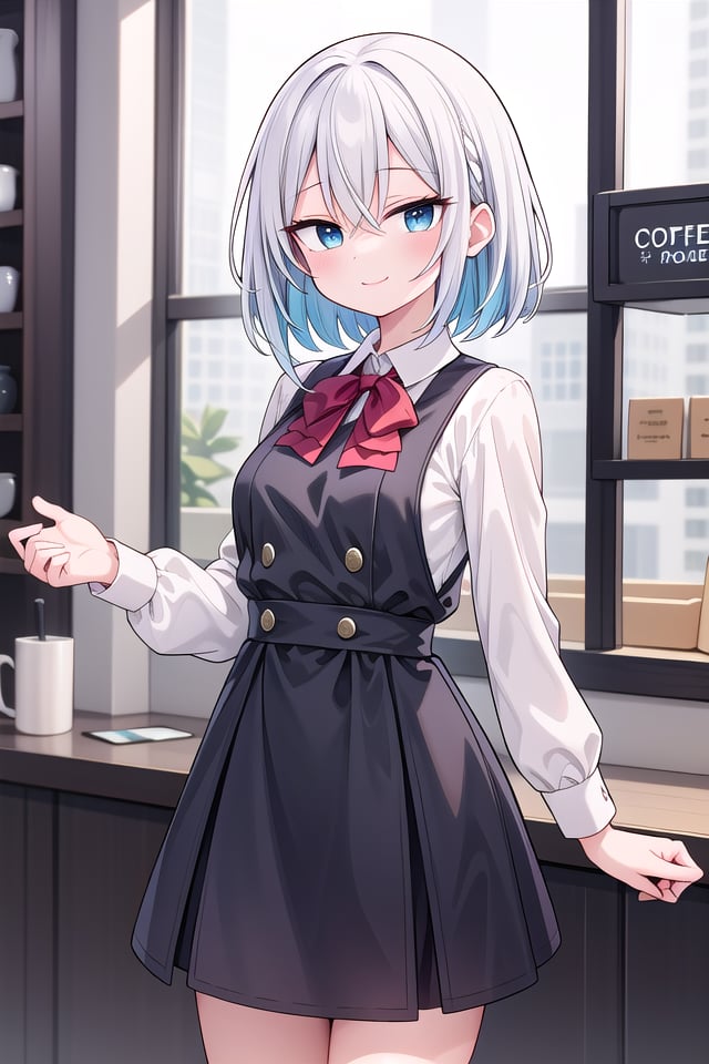 insanely detailed, absurdres, ultra-highres, ultra-detailed, best quality,1girl, solo, nice hands, perfect handsBREAKwearing school uniform, (cleavage:-1.5)BREAKhappy smile, laugh, closed mouthBREAK45 angle,standing, cowboy shot, looking at viewerBREAKslender, kawaii, perfect symmetrical face, ultra cute girl, ultra cute face, ultra detailed eyes, ultra detailed hair, ultra cute, ultra beautifulBREAKin coffee shop, depth of field, ultra detailed backgroundBREAKmedium large breastsBREAKrainbow color hair, multiple color hair, rainbow color eyes, fishtail, hair between eyes