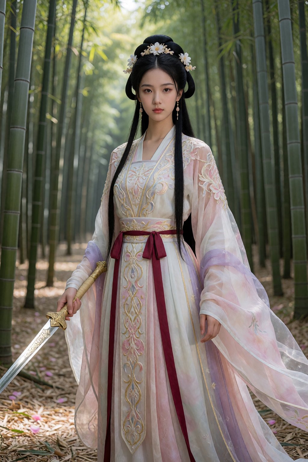 This is a high-resolution photograph of a young Asian woman standing in a serene bamboo forest. She is dressed in an elabo...