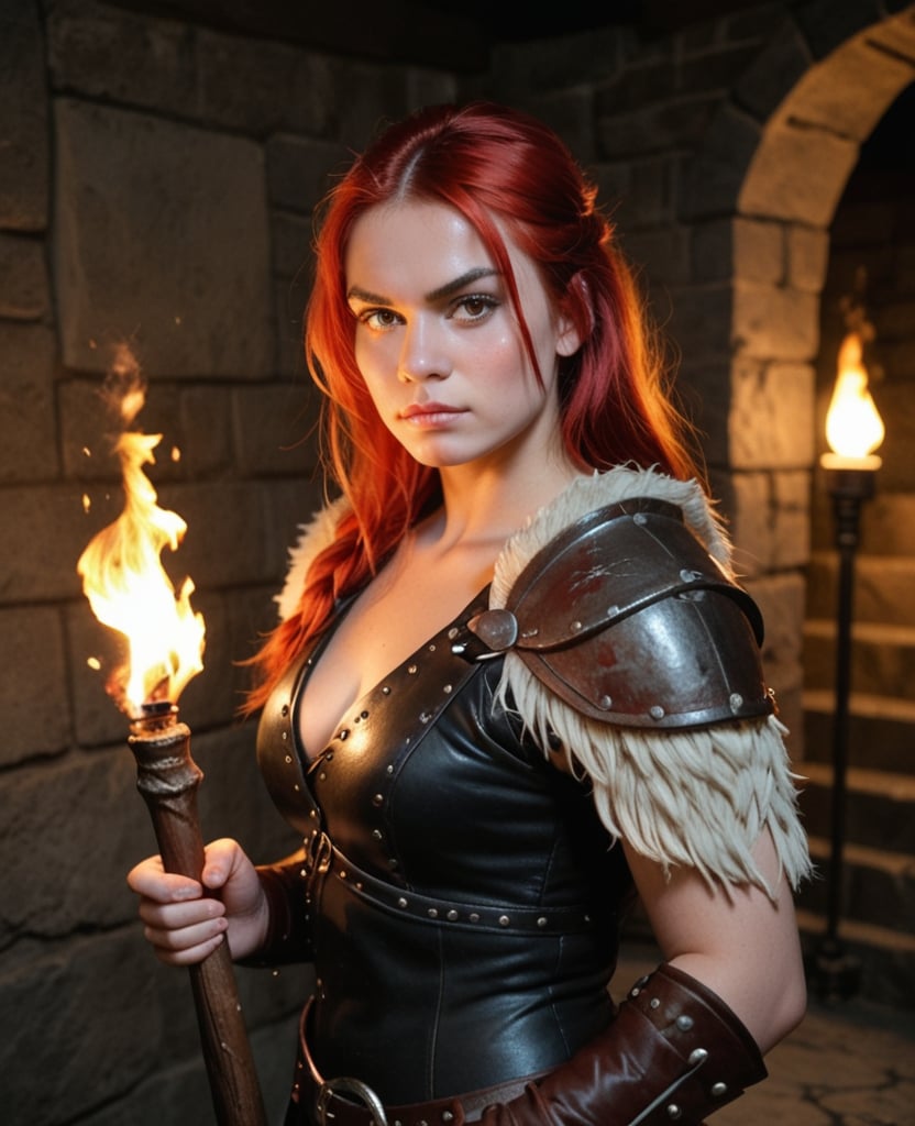 score_8_up, score_7_up, 1girl, fpstyle, solo, red hair, female barbarian, leather armor, holding torch, fire, exploring a dungeon, dark, stone wall, sidelighting, photo