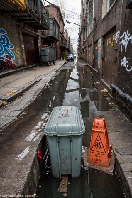 RAW photo,subject,8k uhd,dslr,soft lighting,high quality,film grain,Fujifilm XT3,outdoors,,ruanyi0046,,alley,no humans,traffic cone,power lines,industrial pipe,dark,night,dim lighting,dirty,air conditioner,bicycle,box,brick wall,bucket,building,cardboard box,city,cityscape,door,graffiti,house,lamppost,motor vehicle,outdoors,photo background,poster \(object\),power lines,puddle,rain,road,scenery,stairs,street,trash bag,trash can,wall,window,<lora:0046 dirty alley_v2:1>,<lora:detail_slider_v4:1>