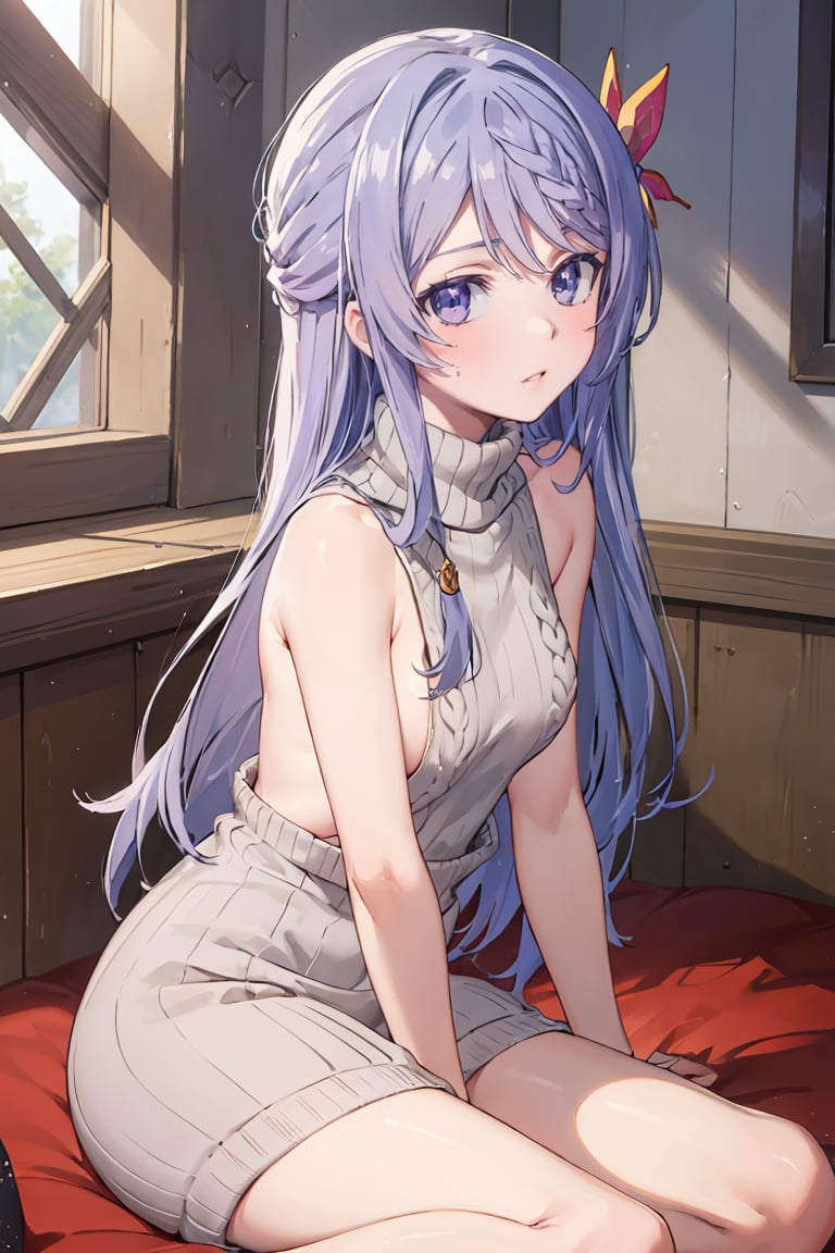 masterpiece, best quality, , (perfect face, detailed face),  <lora:FloraBeltrum:0.9>, florabeltrum, long hair, crown braid, butterfly hair ornament, small breasts, sweater dress, rigged sweater, turtleneck, sideboob, bare arms, bare legs, sitting,