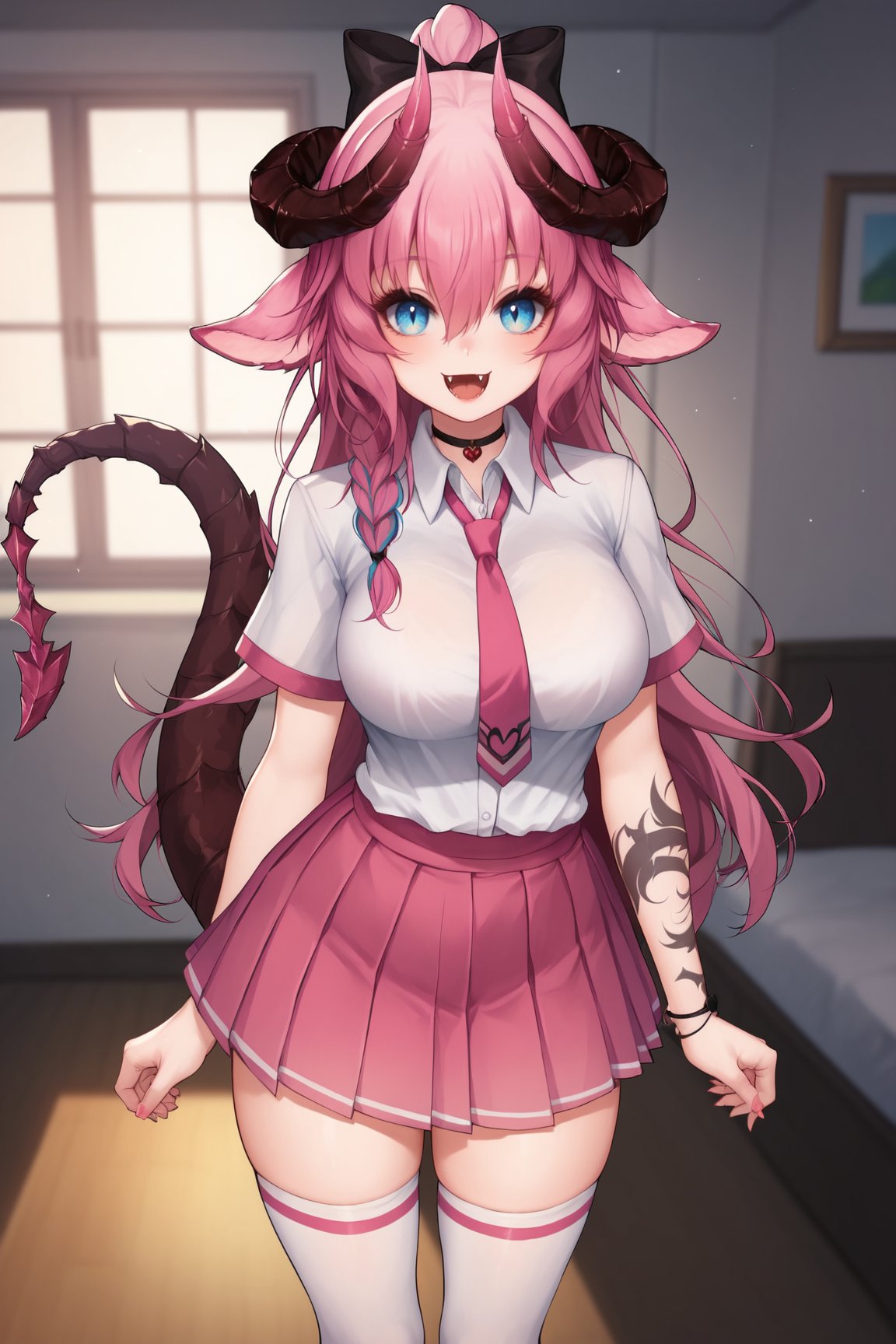 score_9, score_8_up, score_7_up, score_6_up, score_5_up, score_4_up, IrelythVTXL, blue eyes, colored eyes, pink hair, long hair, black bow, side braid, hair between eyes, animal ears, horns, fangs, black chocker, large breasts, collared shirt, white shirt, short sleeves, arm tattoo, pink necktie, pink skirt, pleated skirt, dragon tail, white thighhighs, shoes, solo, full body, standing, dynamic pose, seductive smile, looking at viewer, indoors  <lora:IrelythVTXL:0.8>