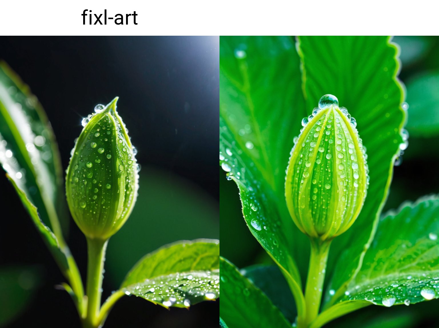 still life blossoming bud alien flower, morning dew on leaves,  fixl-art 