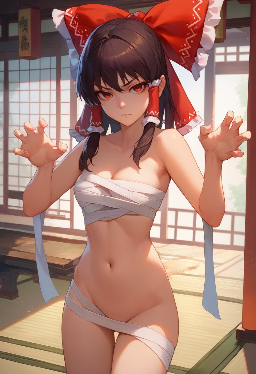 score_9, score_8_up, score_7_up, source_anime, solo, 1girl, hakurei reimu, unamused, looking at viewer, claw pose, hair tubes, red eyes, naked bandage, indoors, east asian architecture <lora:Smooth Anime Style LoRA XL:0.4> <lora:attire_nakedbandage_ponyXL-000005:1>