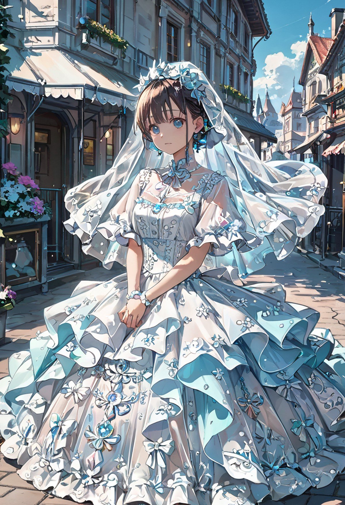 1girl, wedding dress, clothing with intricate frills and embroidery, bridal veil, luxurious clothing, village, detailed background, incredibly absurdres, colorful, HD, hyper detailed, ultra detailed, score_9, score_8_up, score_7_up, source_anime, perfect anatomy, masterpiece, best quality, very aesthetic, <lora:WD-XLPony_v002:0.8>, see-through, layered, v arms, light blue, hair with ribbon, score_9, score_8_up, score_7_up , source_anime, masterpiece, best quality, perfect anatomy , very aesthetic , absurdres