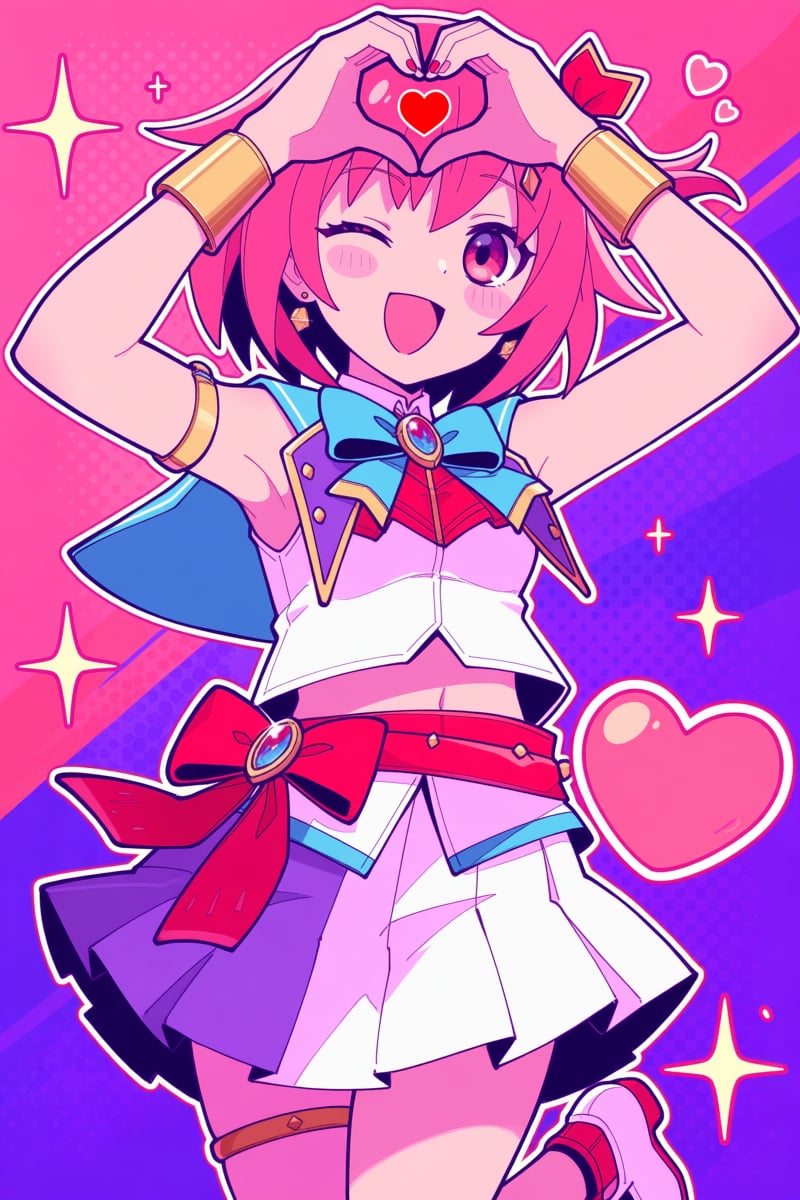 @hrlrst,  A young girl with pink hair forms a heart shape with her hands over her head,  showing a small red heart inside...