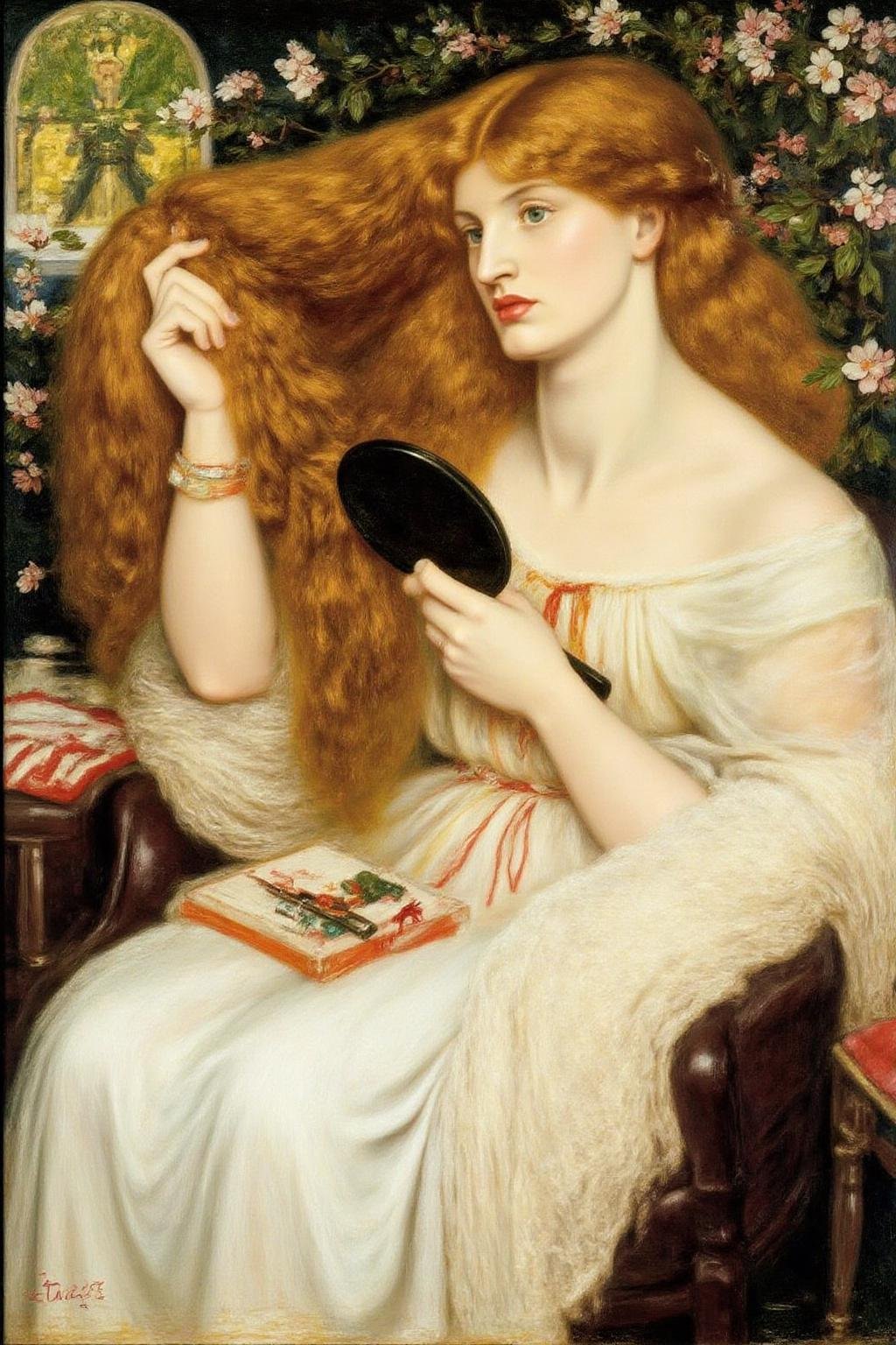 dgr painting.A woman combining her hair. She is looking at herself with a hand held mirror . by NowhereManGo on Tensor.Art