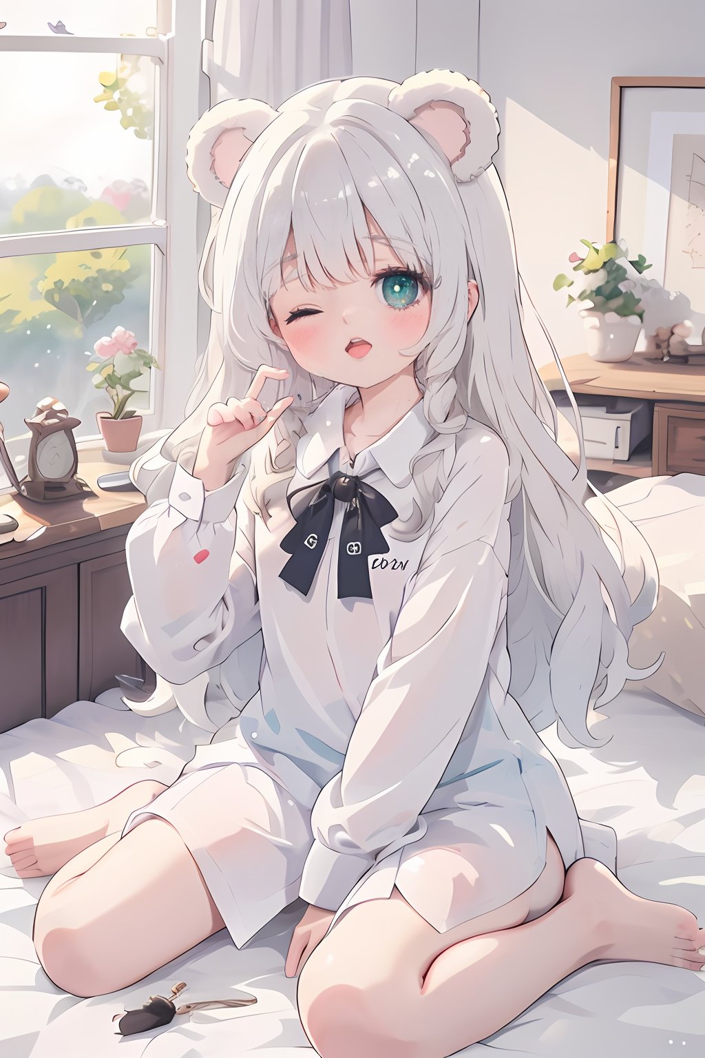 masterpiece,best quality,1girl,solo,(shiny skin:1.3),long hair,looking at viewer,blush,open mouth,bangs,shirt,long sleeves,animal ears,sitting,very long hair,green eyes,collarbone,white shirt,grey hair,one eye closed,barefoot,collared shirt,hand up,sleeves past wrists,dress shirt,wariza,between legs,hand between legs,naked shirt,sleepy,bear ears,waking up,rubbing eyes,bed,window,morning sunshine,