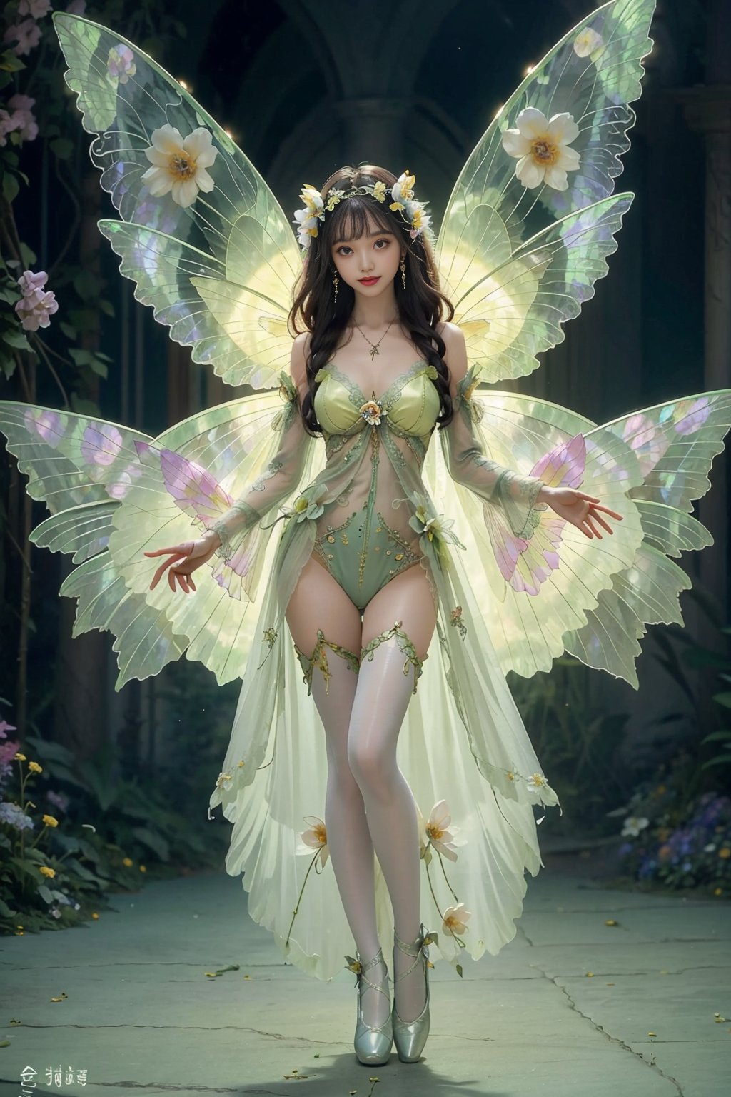 (1girl),solo,looking_at_viewer,(full_body:1.5),(standing:1),(Greenk Flower pattern leotard:1.1),(Flower pattern:1.1),(huge fairy wings:1.5),(Green lace detached long sleeves:1.2),fairy,Butterfly wings,sparkle,(hair flower garland:1.4),(blunt bangs:1),Flower necklace,Flower earrings,jewelry,Flower trim,(Green lace garter stockings:1),long curly hair,(smile:1),Flower field,Ballet shoes,