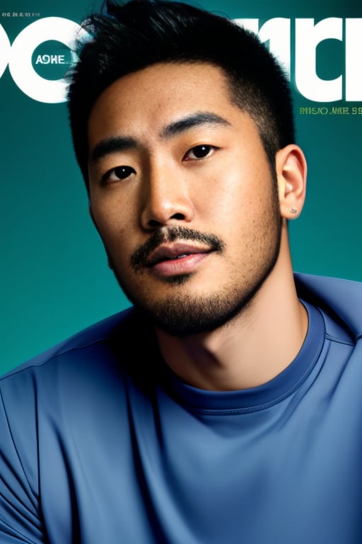 (score_9, score_8_up:1.3), score_7_up, raw, photo realistic, (Fashion magazine cover:1.2), 1boy, asianmale, bara, black eyes, black hair, black pants, facial hair, gyx,1boy, asian man, beard, black eyes, black hair, blue shirt, facial hair, gradient, gradient background, looking at viewer, male focus, mustache, portrait, realistic, shirt, simple background, solo,<lora:SD1.5_Asian,GYX.64:0.6>