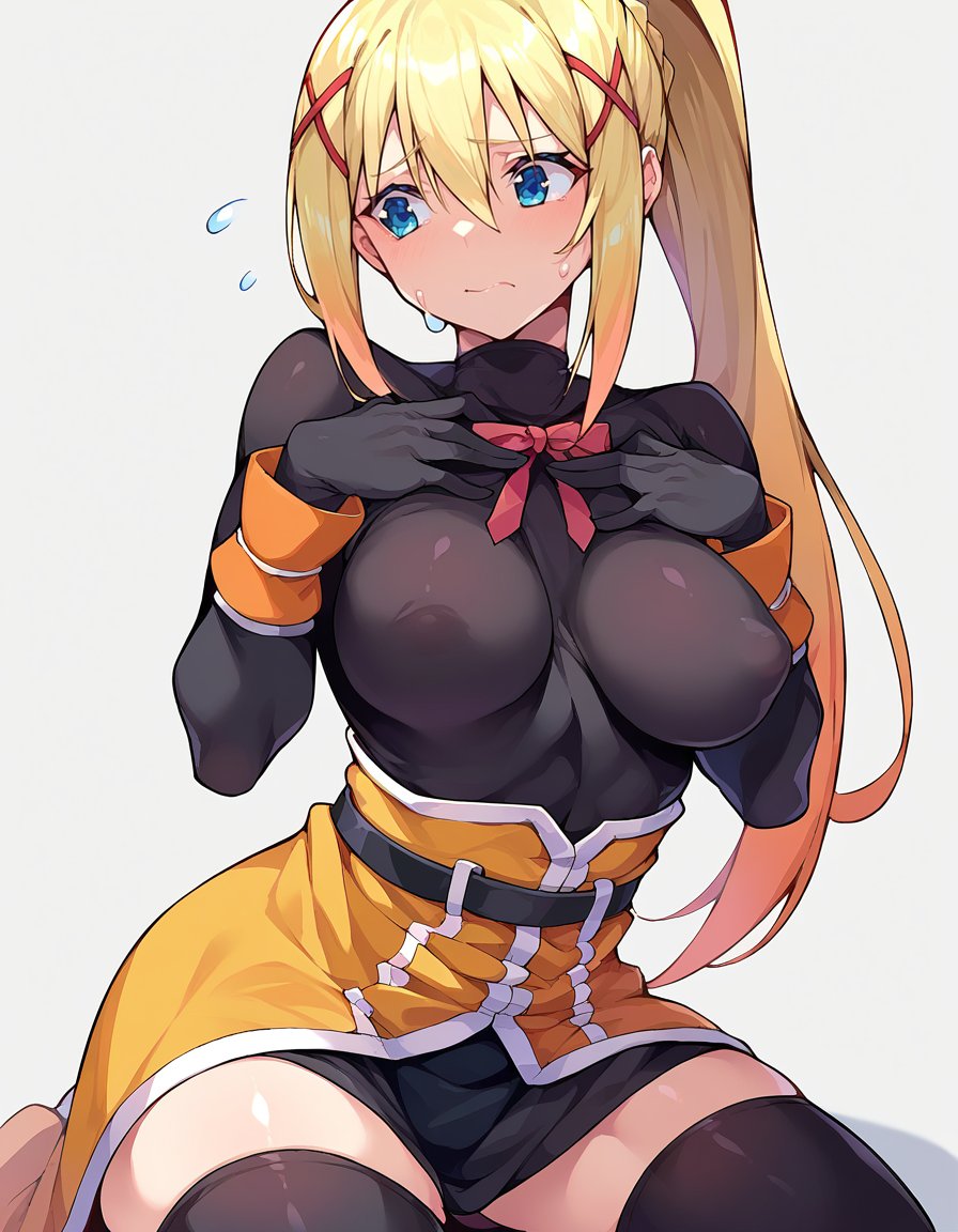 score_9, score_8_up, score_7_up, score_6_up, source anime, BREAK<lora:konosuba_darkness:0.8> lalatinapnxl, darkness \(konosuba\), 1girl, ponytail, solo, cowboy shot,thighhighs, covered nipples, hands on own chest, black gloves, black thighhighs, sweatdrop, kneeling, black bodysuit, hair between eyes, closed mouth, breast suppress, squatting