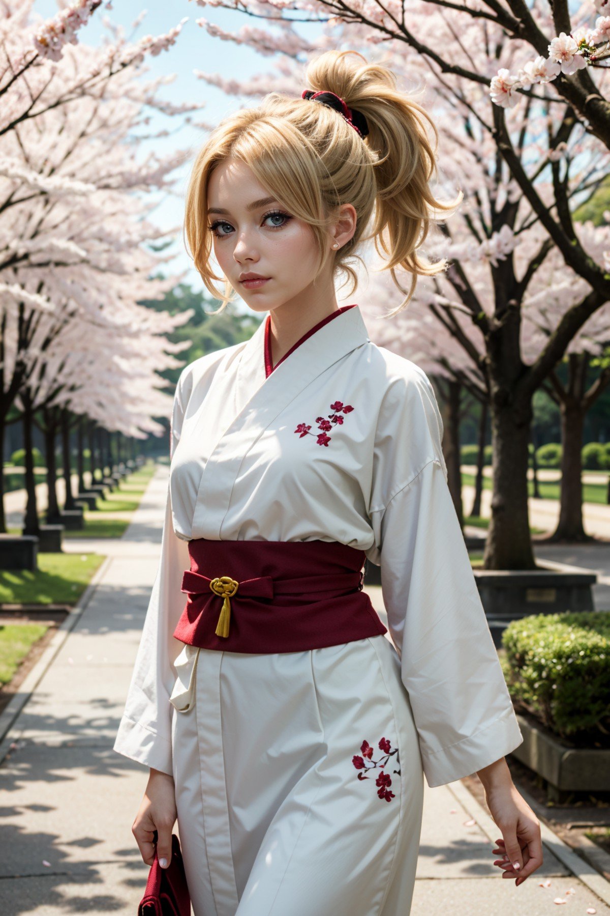 ((ultra detailed, masterpiece, absurdres))<lora:OMercy:0.8>OMercy, 1girl, blonde hair, ponytail, looking at viewer, walking in a serene Japanese park with cherry blossoms, yukata, and a hair ornament, cowboy shot