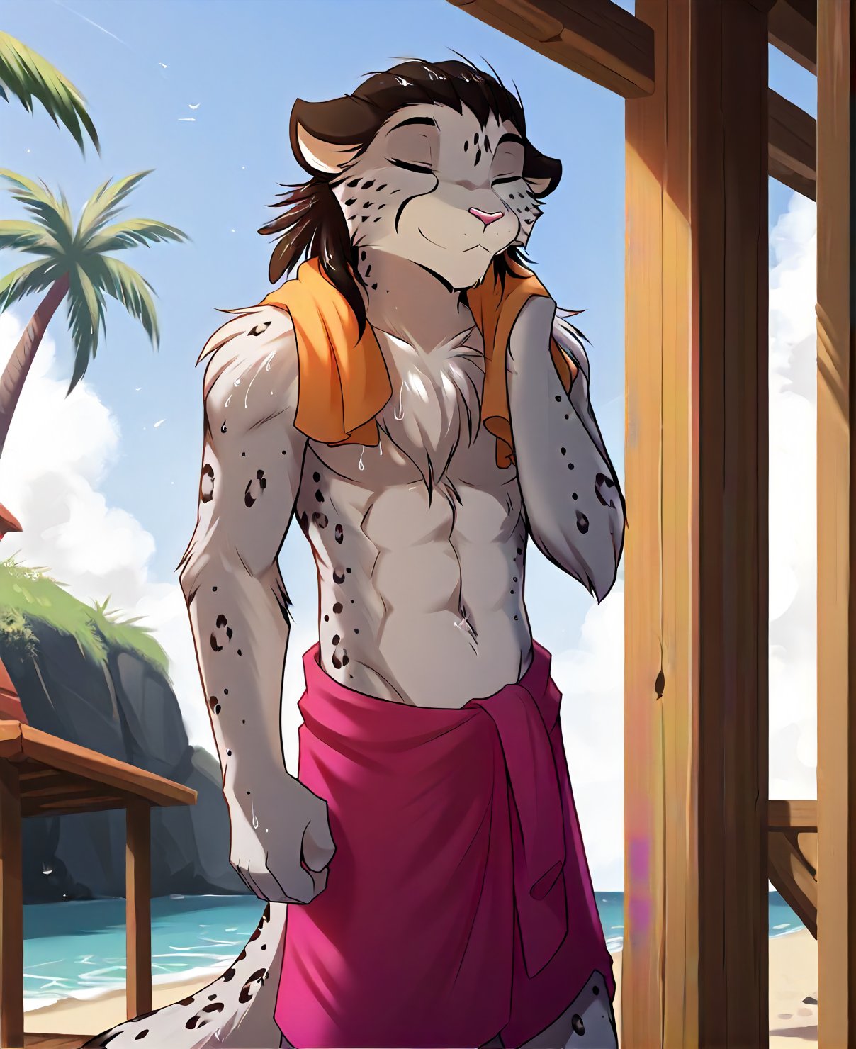 score_9, score_8_up, score_7_up, score_6_up,source_furry,rating_explicit, solo, solo focus, male, muscular, wet fur, wet hair, walking out of shower, towel around waist, (hands in hair:1.3), eyes closed, fluffy tail, beach hut, tropical, palm tree, tkadirariftwall, snow leopard, spotted fur, <lora:AdiraRiftwall_TwoKinds_PDXL_epoch_4:1>, blue eyes