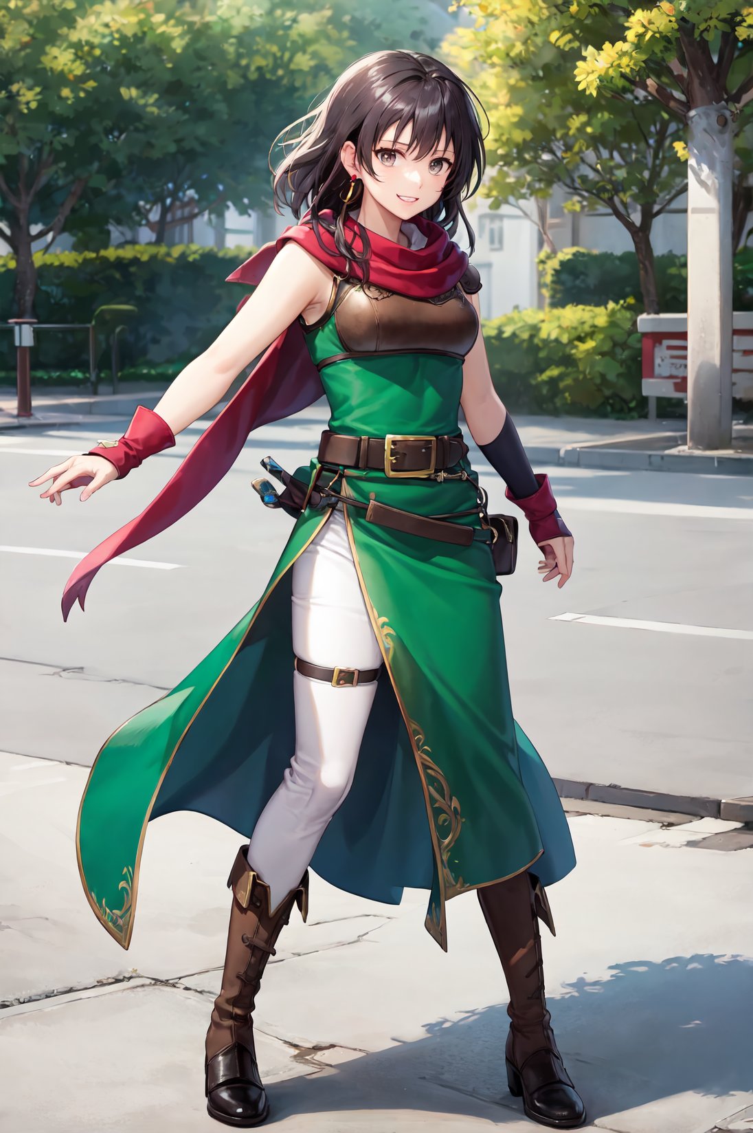 Balancing, pretending to walk on a tightrope,happy,character focus,<lora:mareetaV1-000014:0.8>,def_mareeta,armor,white pants ,brown shoulder armor, red fingerless gloves, brown footwear, belt, earrings, jewelry, scarf, breastplate, looking at viewer, green dress, knee boots, black elbow gloves, pauldrons, thigh strap, sleeveless, red scarf, ,outdoors,(masterpiece, best quality, ultra-detailed, best shadow)