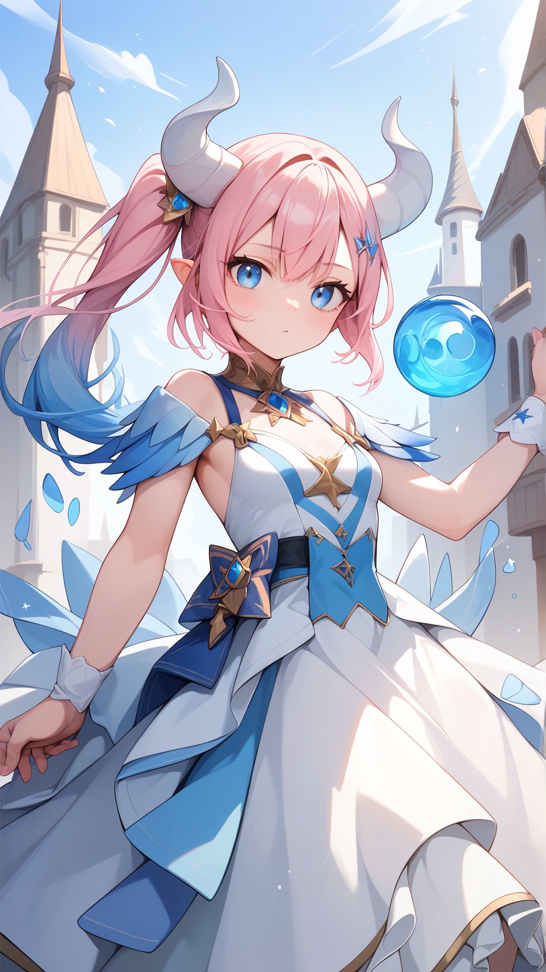 Score_9, score_8_up, score_7_up, masterpiece, best quality, 1girl, blue eyes, (Gradient hair:1.1), White horns, Side ponytail, Light Pink hair with blue hair tips, Small breasts, Dress