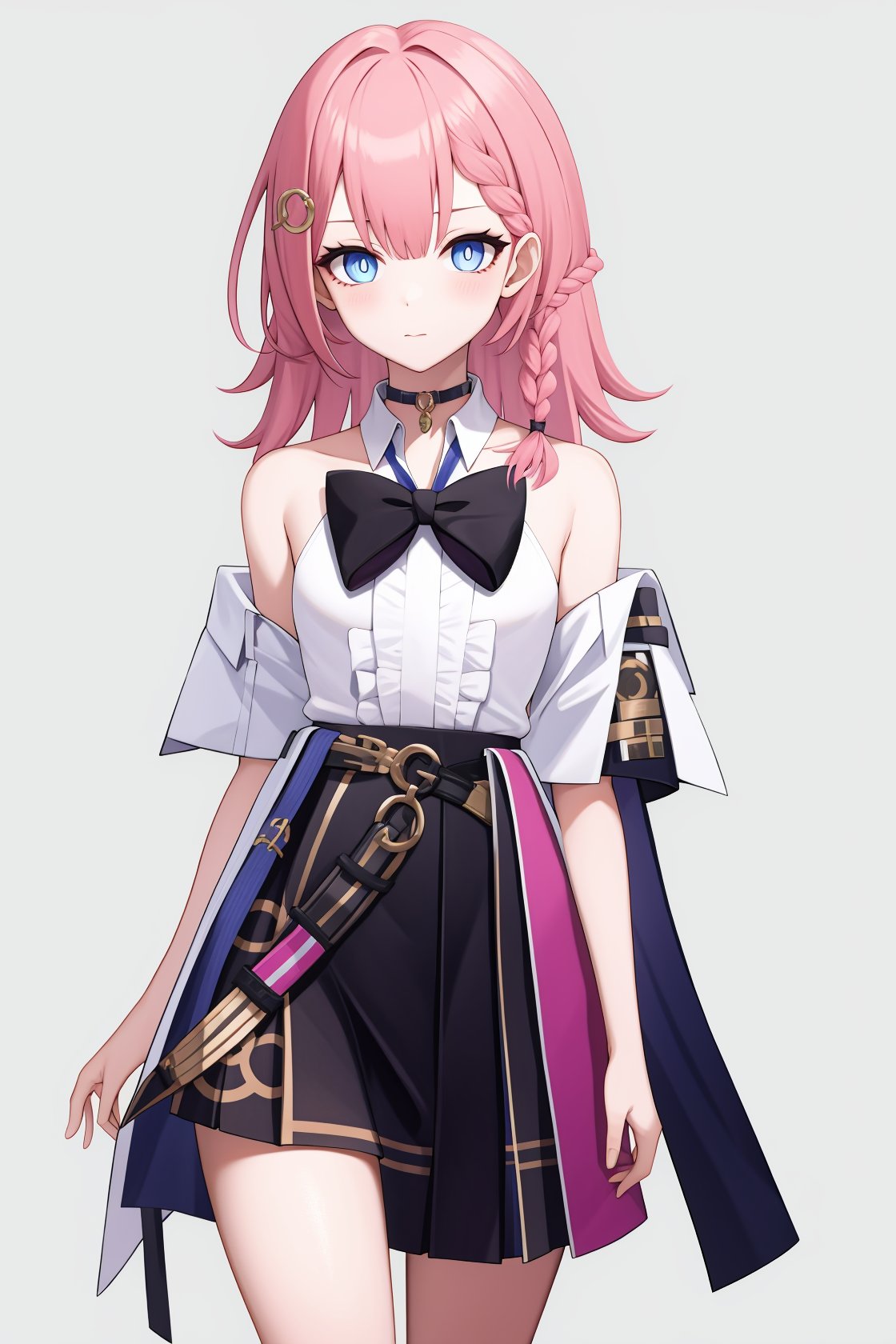 <lora:艾丝妲-000010:0.8:lbw=char>,asta,blue eyes,braid,bangs,hair ornament,pink hair,shirt,bow,skirt,white shirt,sleeveless,black skirt,black bow,bowtie,, 1girl,,  (masterpiece,best quality:1.2),absurdres