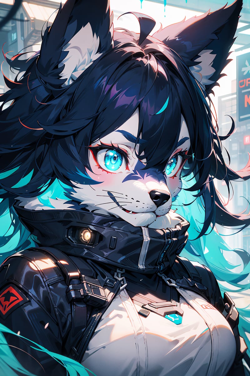 From front body,best quality,(official art,masterpiece,ultra detailed 8k art),fantasy,cyberpunk,(furry,anthro,Fluffy body:1.3),(Fluffy),(fluffy best hands:0.7),furry wolf female,(Close up 1 wolf female0.9),wolf ears, serious, halo, deep purple hair, blue inner color,long side hair, aqua eyes, messy hair,(midnight)