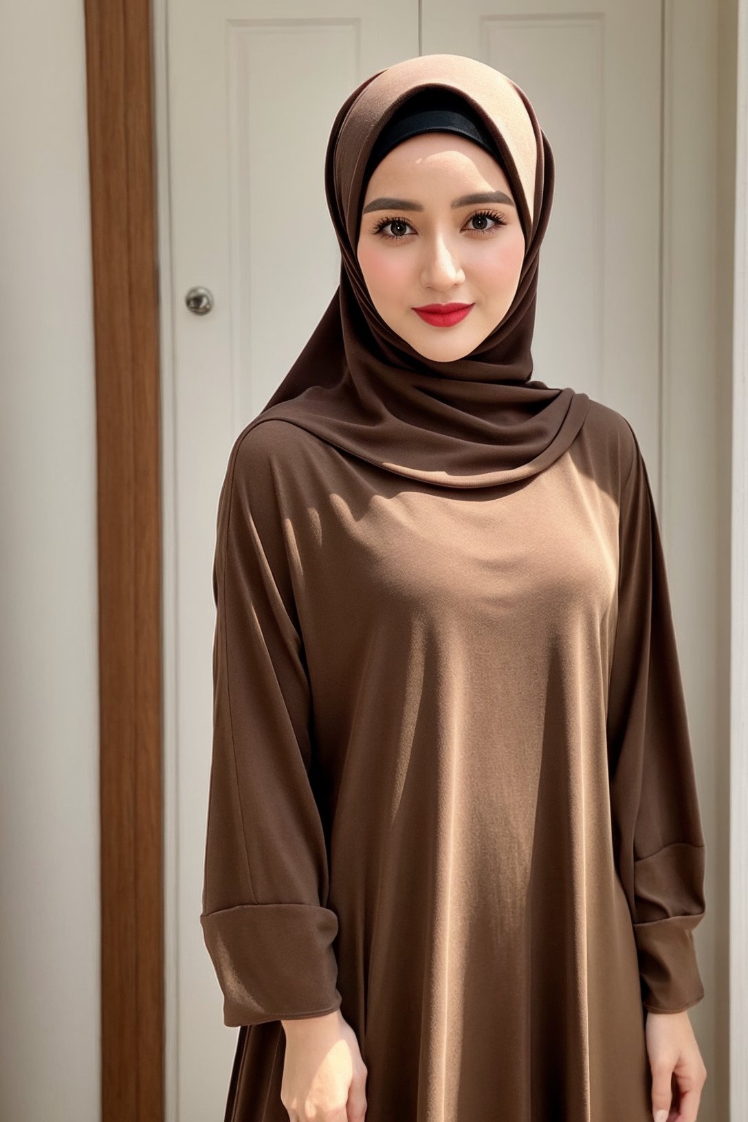 1girl, hijab, hijabindox, closeup, beige and black dress, legging, super realistic 3/4 shot,   <lora:hijabindox:1>