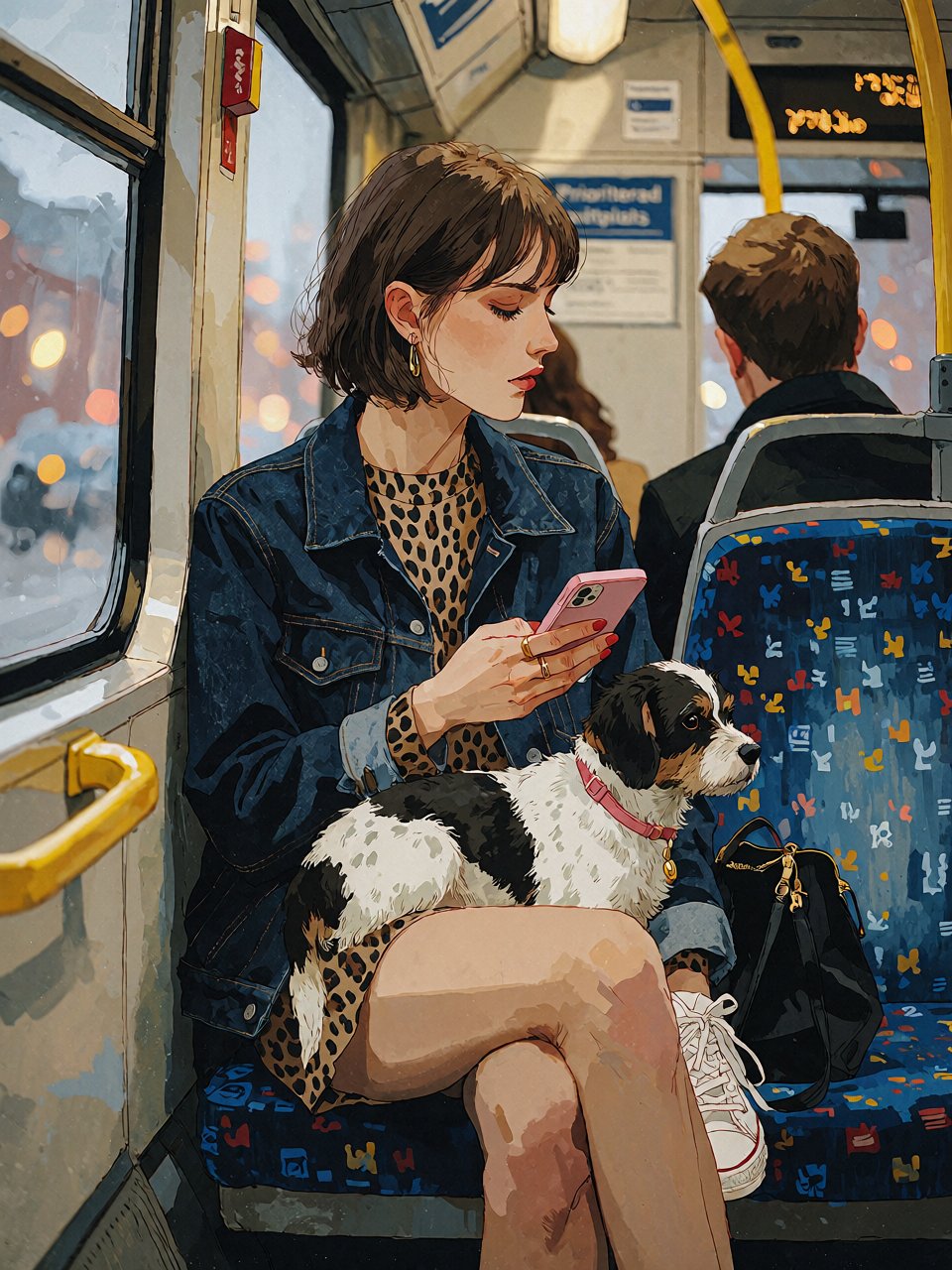 Bradhamel art style. A woman with short brown hair and bangs,  wearing a dark denim jacket over a leopard-print top and wh...
