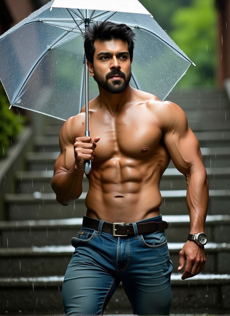 ram charan ,  stands on a large stone staircase,  the rainwater cascading on the steps. He holds a transparent umbrella in...