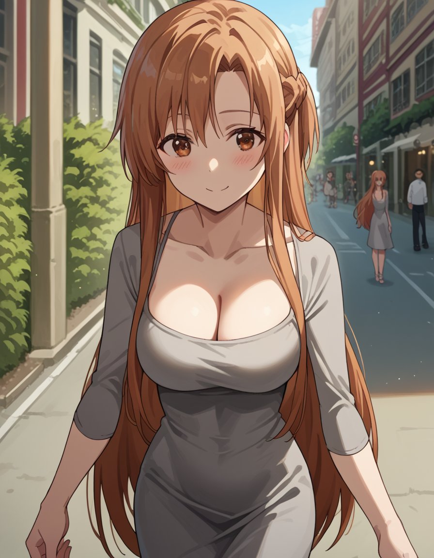 score_9, score_8_up, score_7_up, source_anime, asunayuuki, <lora:asuna-yuuki-s1-ponyxl-lora-nochekaiser:1>, asuna yuuki, long hair, brown hair, brown eyes,, <lora:dongtan-dress-ponyxl-lora-nochekaiser:1>, dongtan dress, cleavage, taut dress, grey dress, collarbone,, outdoors, street, blush, smile,, cowboy shot, dutch angle,