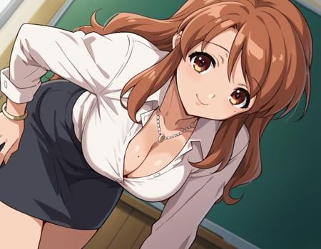 score_9, score_8_up, score_7_up, source_anime,mikuruasahina,  <lora:mikuru-asahina-s1-ponyxl-lora-nochekaiser:1>,mikuru asahina, long hair, brown hair, brown eyes,shirt, cleavage, jewelry, mole, bracelet, mole on breast, skirt, mature female, black skirt, collared shirt, long sleeves,indoors, classroom, bent over, smile,looking at viewer, dutch angle, cowboy shot, solo,