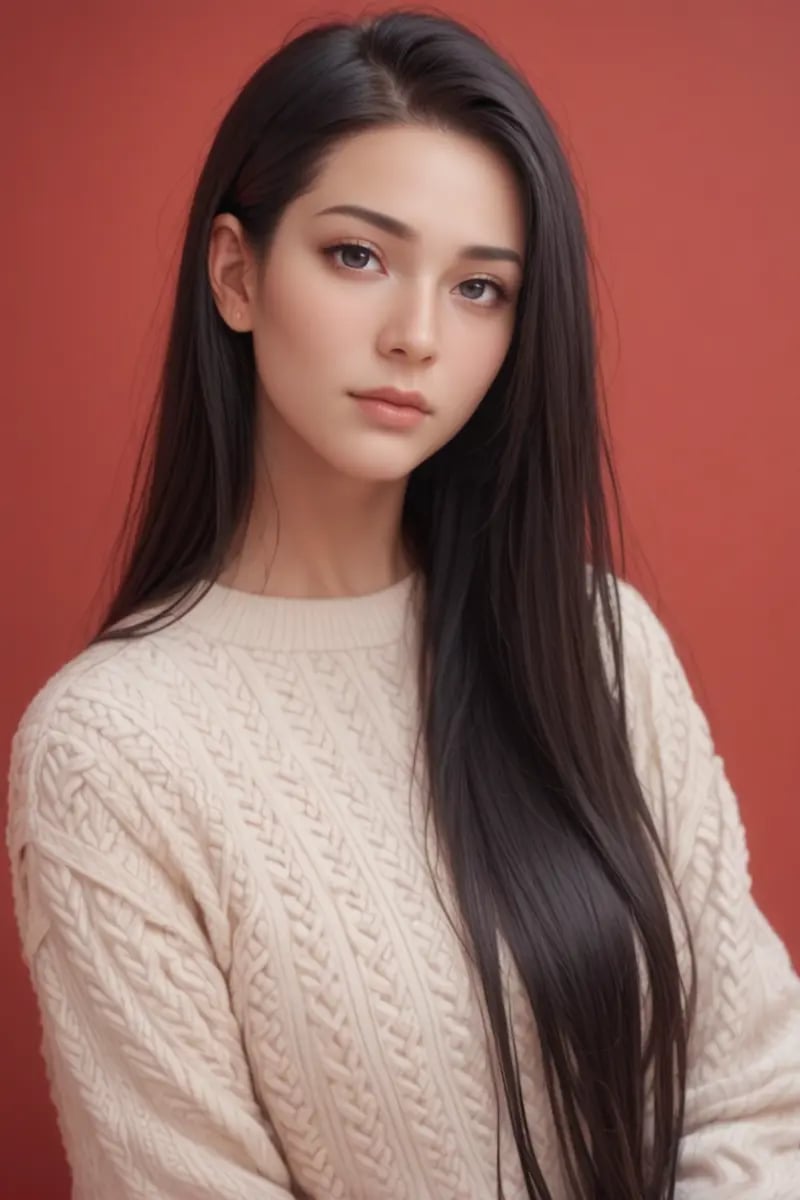 score_9,score_8_up,score_7_up, 20 years old, 8k, hd, beautiful girl, black hair, very long hair, straight hair, closed mouth,1girl, detailed face, beautiful woman's face, sweater, red background, looking at viewer,