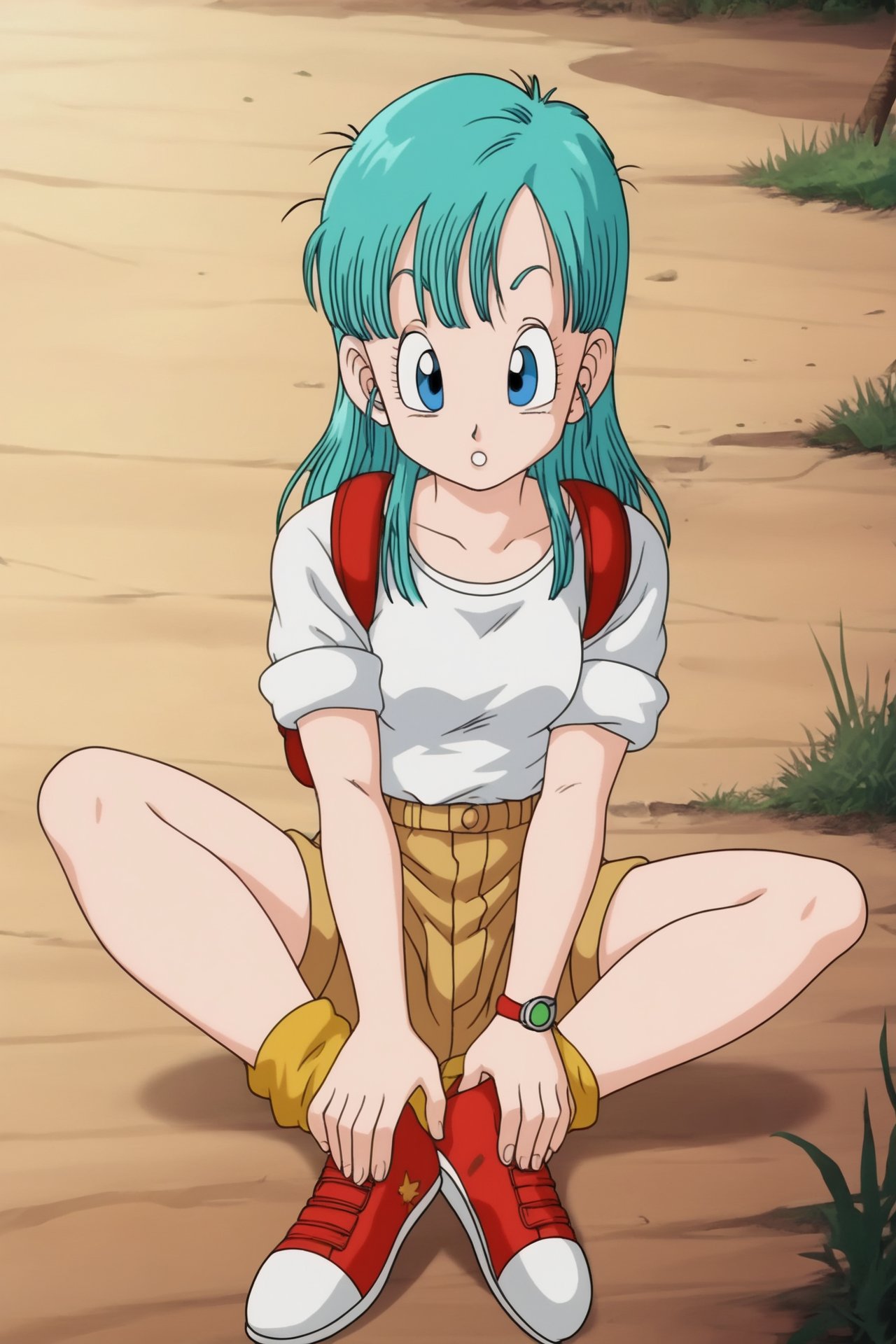 source_anime, score_9, score_8_up, score_7_up, anime screencap, bulma \(dragonball\), 1girl, solo, long hair, looking at viewer, bangs, blue eyes, desert, shirt, dappled sunlight, sitting, full body, short sleeves, aqua hair, shoe soles, shorts, socks, hands on ankles, sleeves_rolled_up, feet together, knees apart feet together, :o, backpack, sneakers, sleeves rolled up, watch, wristwatch, brown shorts, collarbone, arms by side, fingernails, medium breasts, pink_legwear, red footwear, white shirt, teeth, raised eyebrows, eyebrows, eyelashes, messy hair <lora:bulma_pony_v1:0.8>