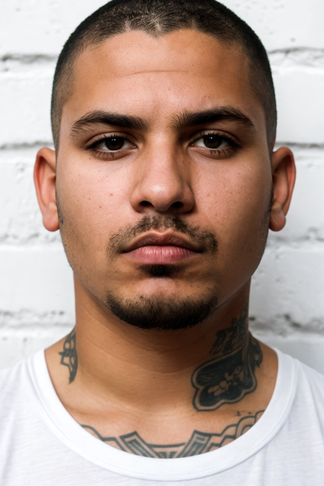 Mexican gang member, mug shot, close-up portrait, male, tattoos on neck and chest, piercings on nose and lips, shaved head, serious expression, white tank top, standing against a plain white brick wall, realistic lighting, high detail, high contrast