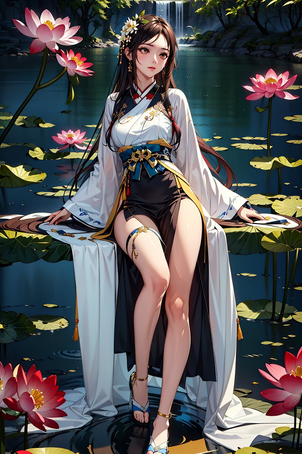 (extremely detailed CG unity 8k wallpaper),(((masterpiece))),(((best quality))),((ultra-detailed)),(best illustration),(best shadow),hanfu,1girl,flower,long hair,hair ornament,dress,solo,bare legs,jewelry,brown hair,lotus,hair flower,