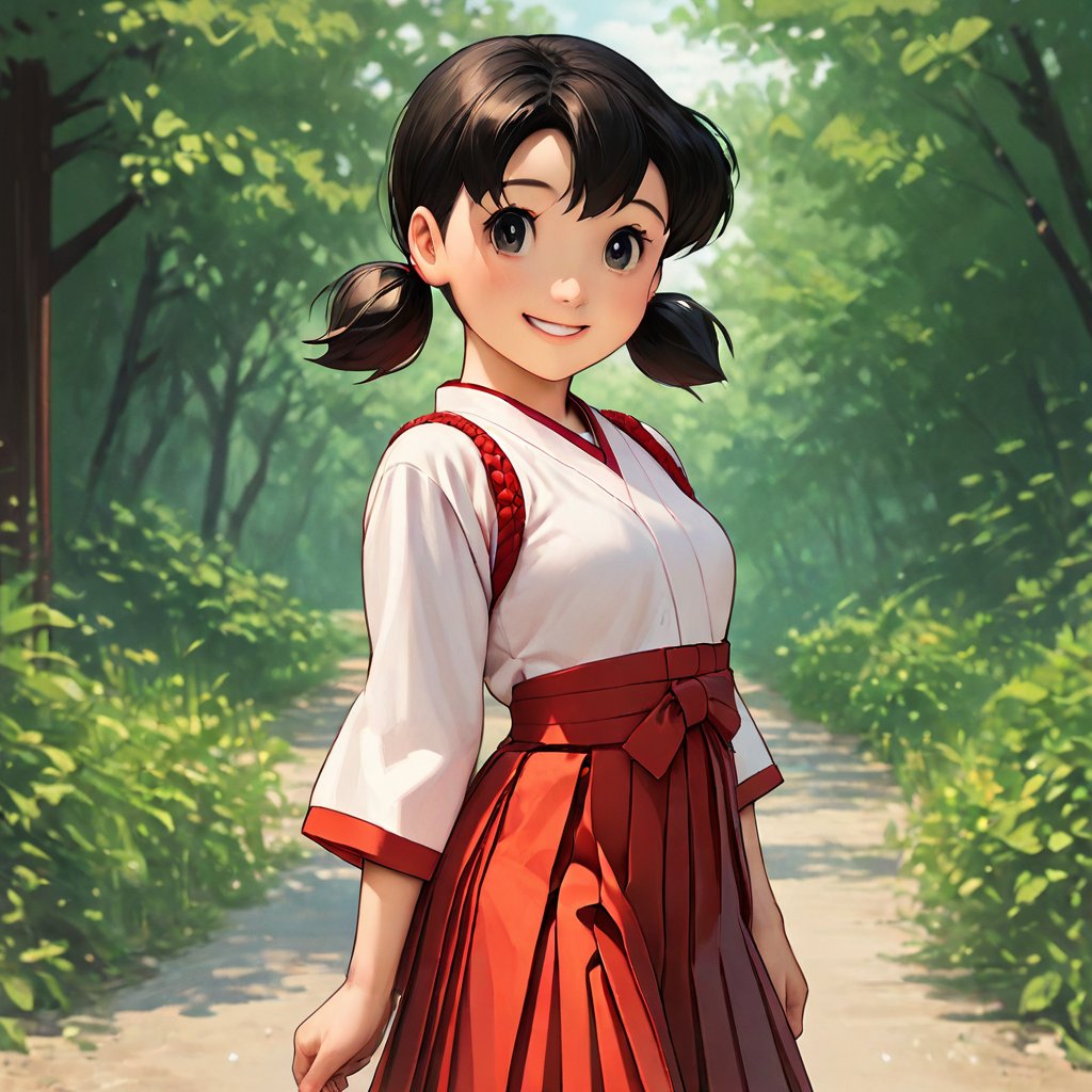 score_9, score_8_up, score_7_up, score_6_up, score_5_up, score_4_up, source_anime,minamoto shizuka,1girl, solo, japanese clothes, black hair,miko, black eyes, smile, twintails, outdoors, hakama, looking at viewer, skirt, short hair, day, short twintails, hakama skirt, tree, red hakama, long sleeves,masterpiece, perfect face, best quality, beautiful girl, cute girl, beautiful eyes, shiny eyes, anime coloring, anime screencap, absurdres, outdoors,<lora:minamoto shizuka duck 907:0.8>