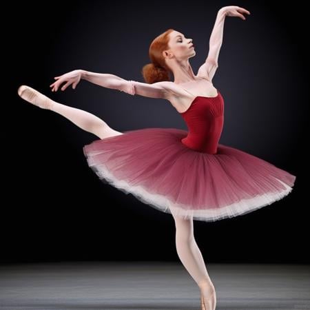 full shot side profile of a red head ballerina wearing the Bal_co,  classic ballet pose,  leg extended by Mya Sturbate on...