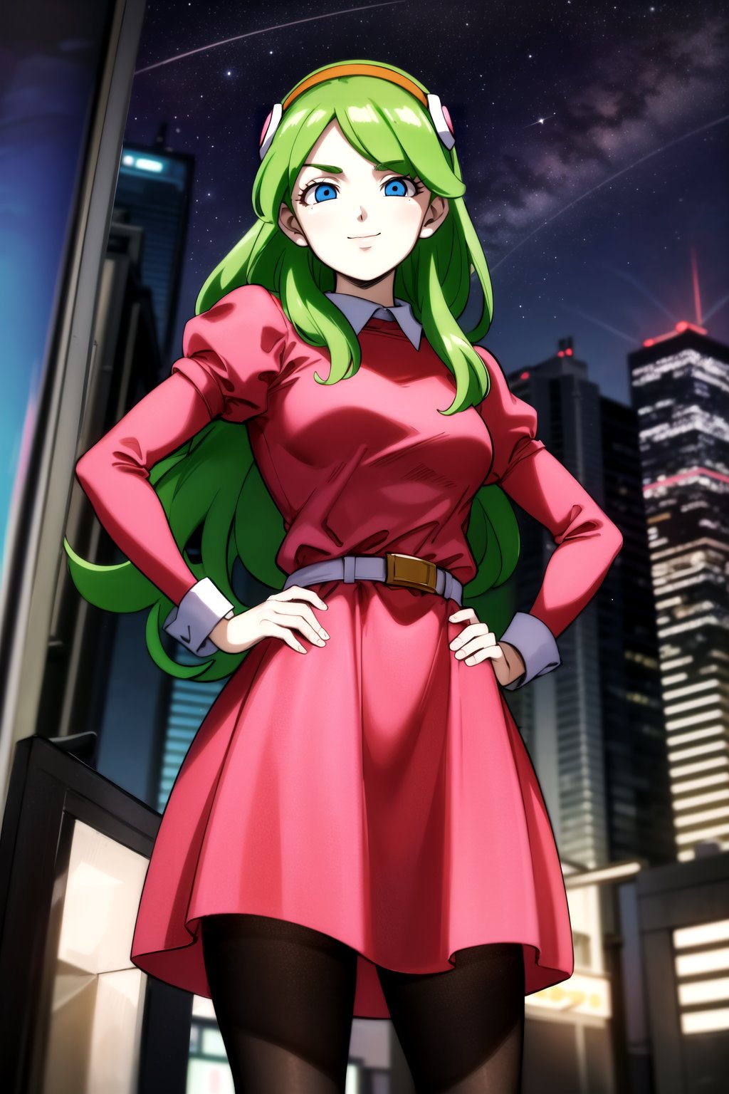 masterpiece, detailed face, 1girl, Brianne_de_Chateau, solo, long hair, looking at viewer, smile, bangs, blue eyes, hairband, green hair, dress, closed mouth, standing, hand on hip, pantyhose, outdoors, sky, puffy sleeves, belt, black pantyhose, night, juliet sleeves, building, star \(sky\), pink dress, night sky, starry sky, city, retro artstyle, cityscape, skyscraper<lora:Brianne de Chateau v2-000007:0.7>