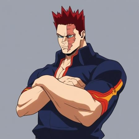 Endeavor, male focus, solo, red hair, blue eyes, scar, pectorals, large pectorals, crossed arms ,