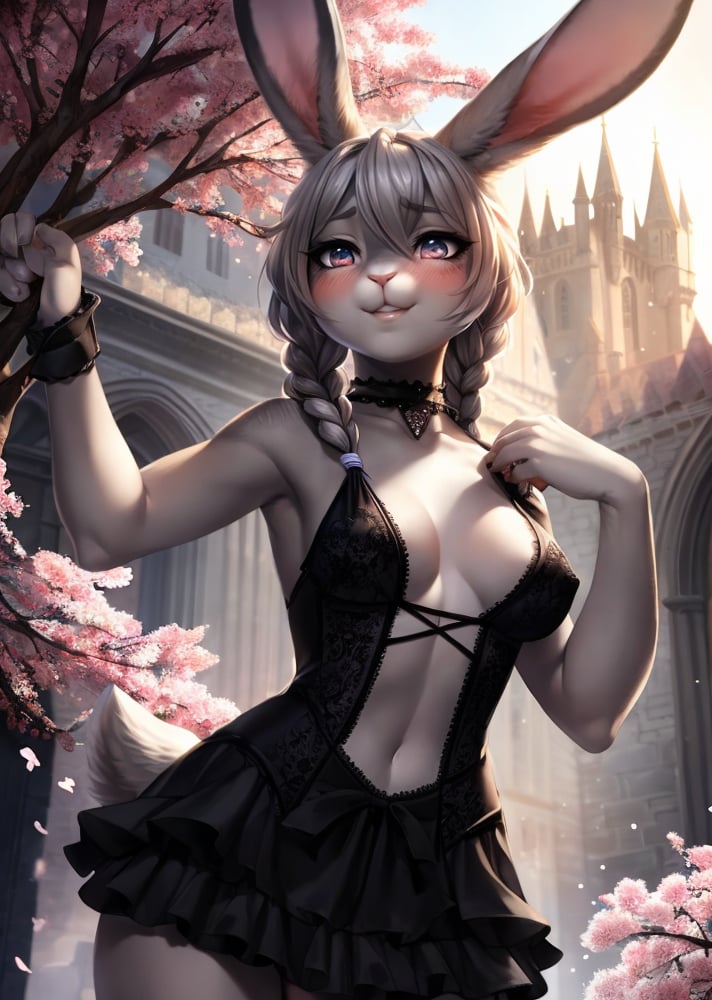 detailed gothic cherry blossom castle_courtyard, young skinny petite (anthro grey bunny:1.3) wearing a gothic_lolita dress, attached rabbit tail, (long french braid),(perky small breasts), (grey furry body:1.3),perfect face,perfect eyes, long rabbit ears, wide hips, (furry:1.3), aroused, happy, (embarrassed:1.1), (blush:1.1), intricate detail, gorgeous female photo, professionally retouched, realistic professionally color graded photograph, natural lighting, realistic, light particles,fine fabric emphasis, bokeh, suggestive pose,by Pino Daeni, by Ruan Jia, by Shiitakemeshi, by Alayna Lemmer, by Carlo Galli Bibiena,nsfw, Ultra realistic, masterpiece, highest quality