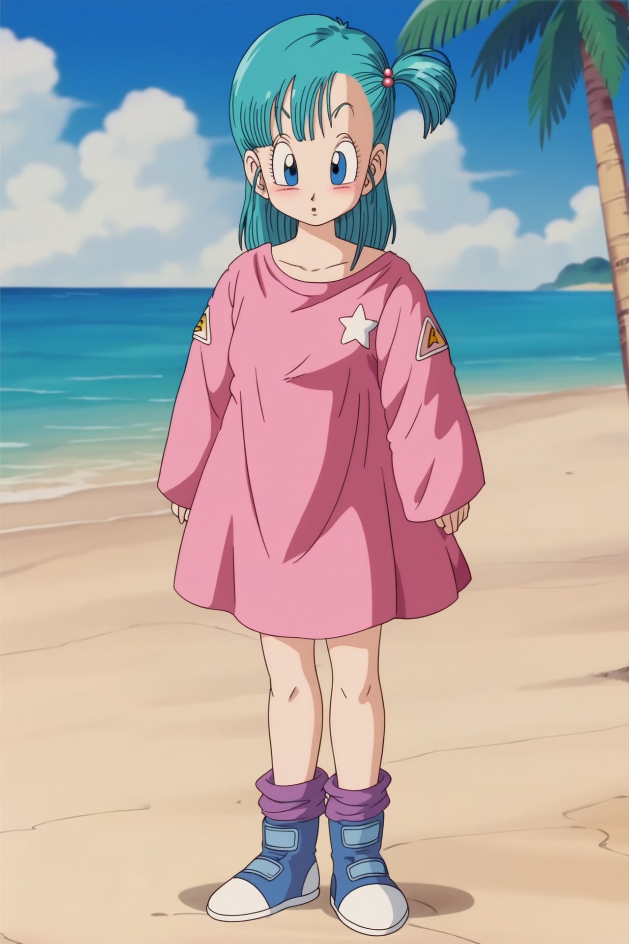 source_anime, score_9, score_8_up, score_7_up, anime screencap, bulma \(dragonball\), 1girl, standing,  solo, drawing, embarrassed, pajamas, collarbone, blue eyes, boots, blue footwear, dress, aqua hair, full body, outdoors, sky, day, socks, tree, one side up, tree, pink dress, oversized clothes, purple_legwear, eyebrows, eyelashes, logo print,((from above)), looking at viewer, blush, retro artstyle, 1990s \(style\), beach,  <lora:bulma_pony_v1:0.8>