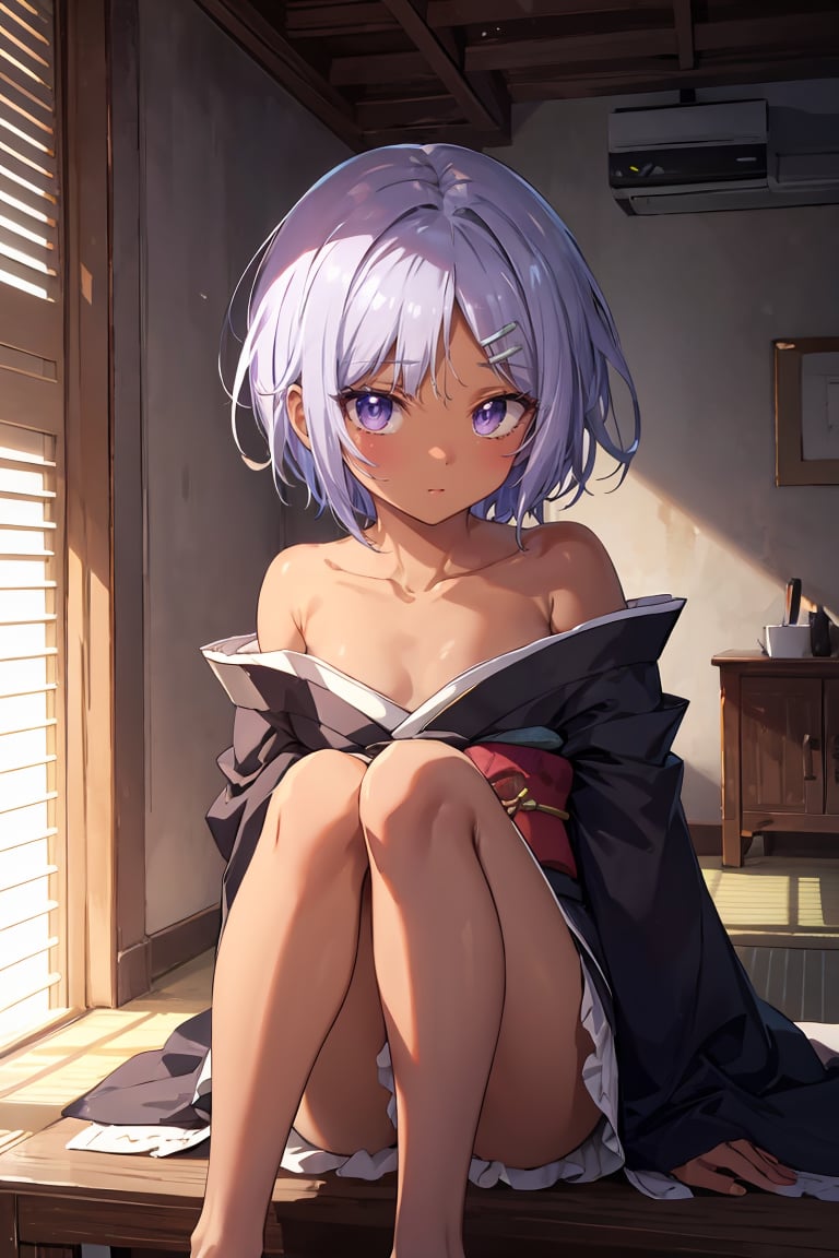 masterpiece, best quality, ultra-detailed, glistening shiny, glowing light, ray tracing, HDR, deph of field, (perfect face, detailed face),  <lora:SprRen:0.7>, sprren, (dark skin:1.2), short hair, hairclip, flat chest, kimono, bare legs, off shoulders, collarbone