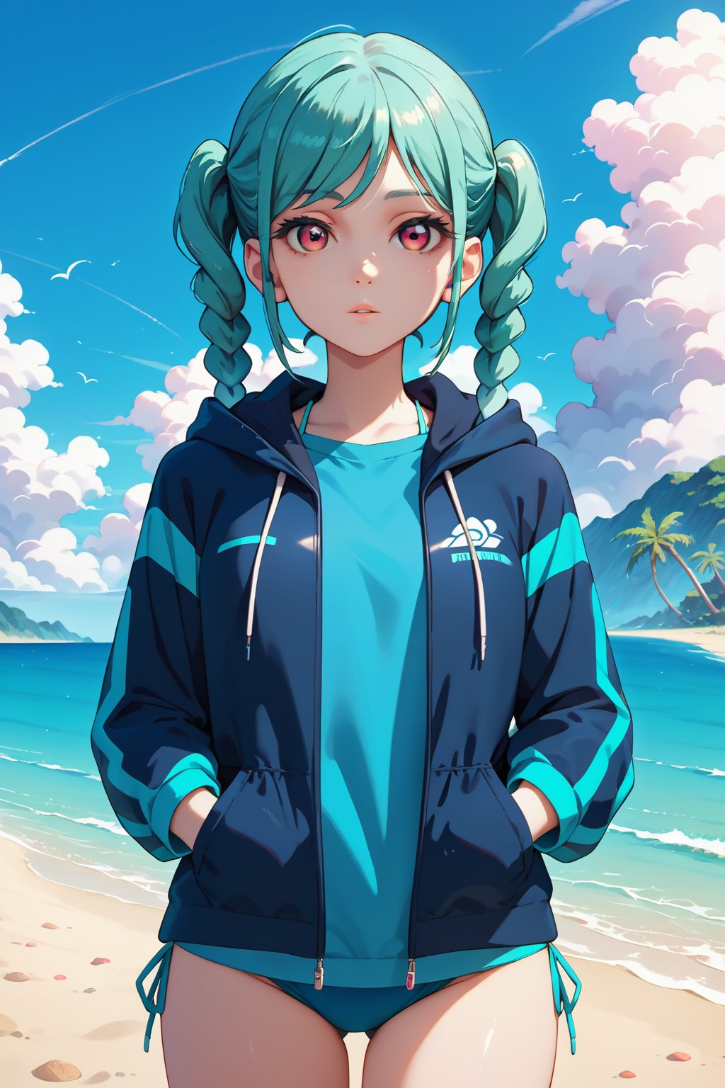 score_9, score_8_up, score_7_up, 1girl,tomarisuka, aqua hair, pink eyes, twinbraids, parted lips, looking at viewer, closed mouth, bikini, blue bikini, hoodie, open jacket, jewlery, outdoors, beach background, blue sky, clouds, palms, hands in hoodie pockets<lora:EMS-464211-EMS:0.800000>